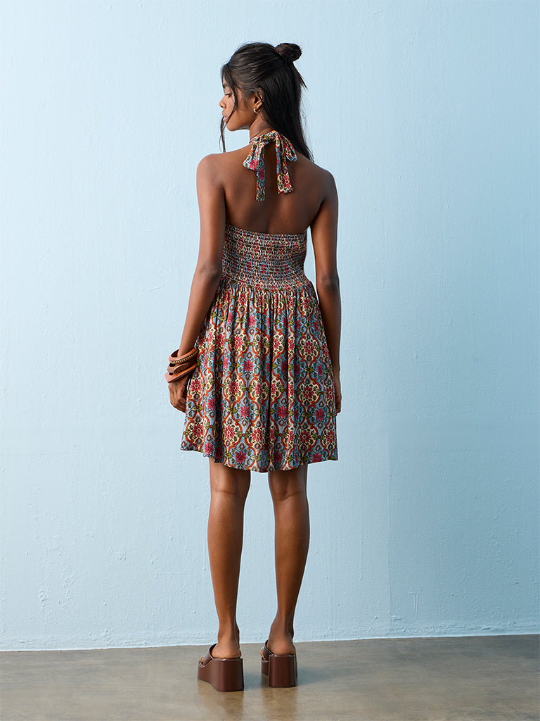 Bombay Paisley Blue Foliage Printed A-Line Dress