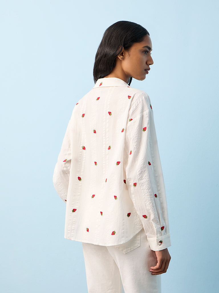 LOV White Strawberry Design Cotton Shirt