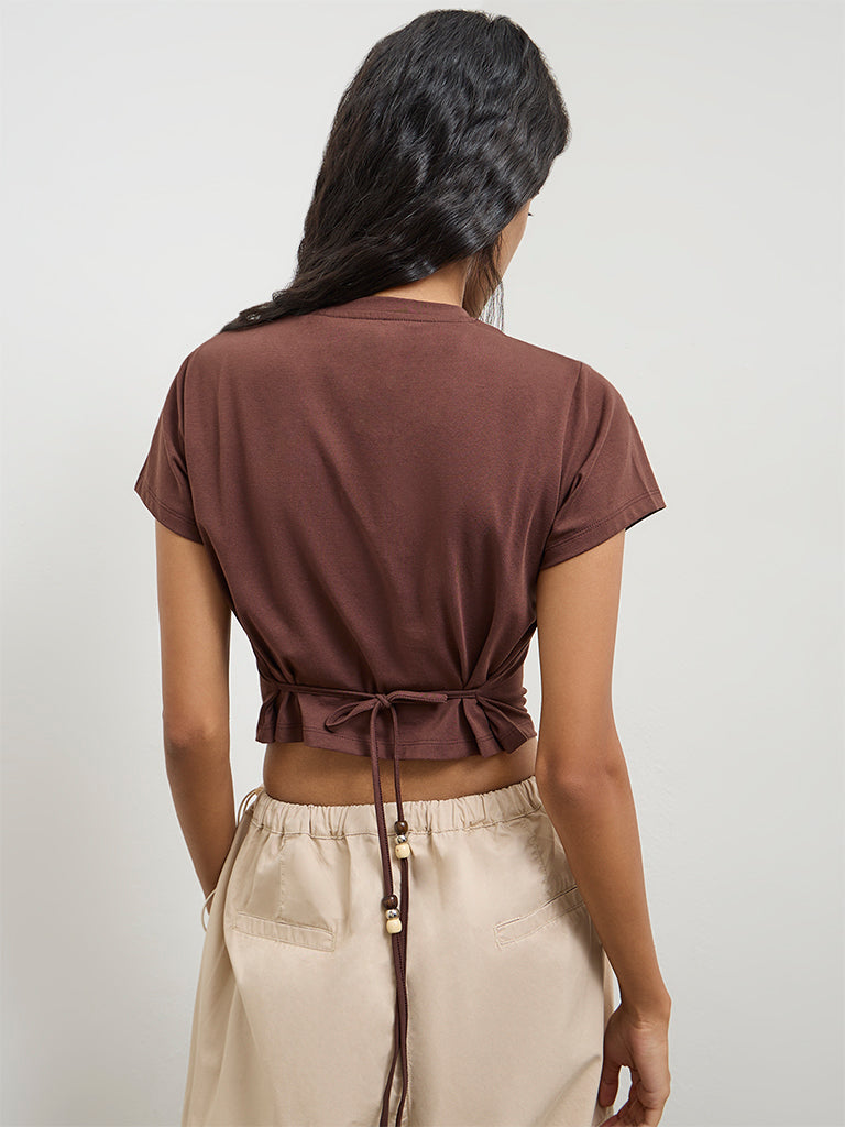 Nuon Brown Text Printed Cotton T-Shirt