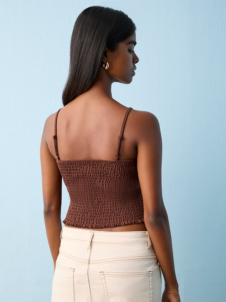 Nuon Dark Brown Smocked Cotton-Blend Top