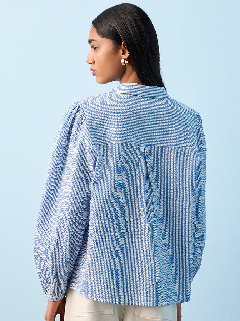 LOV Blue Seersucker Textured Blouse