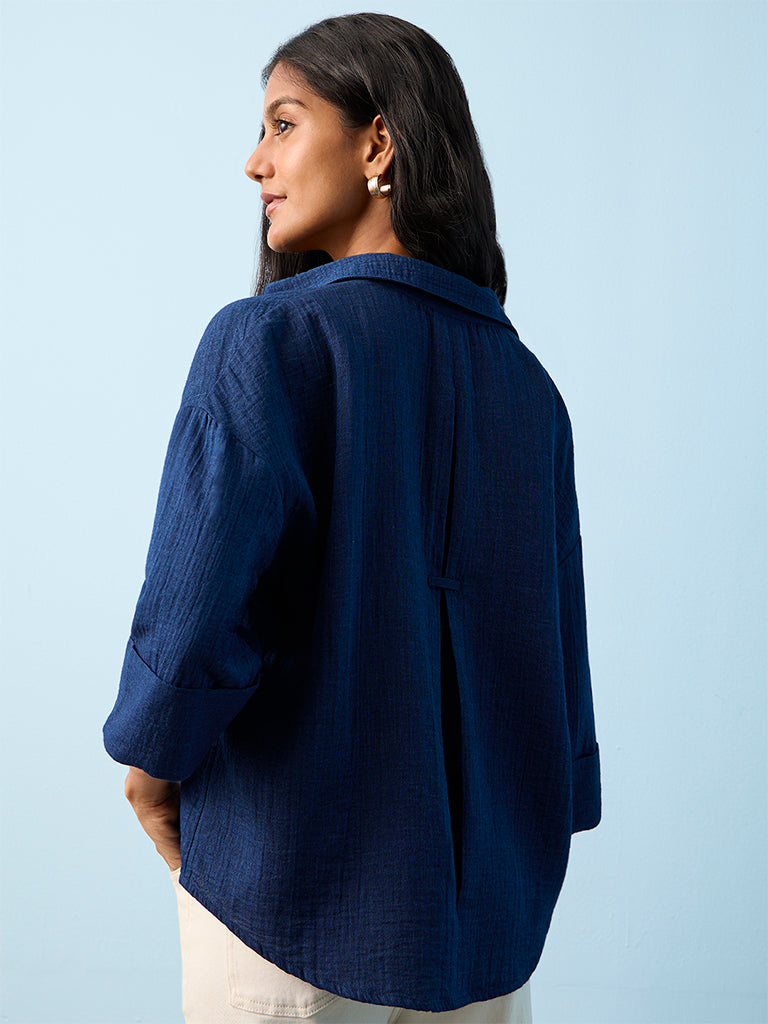 LOV Navy Textured Cotton Blouse