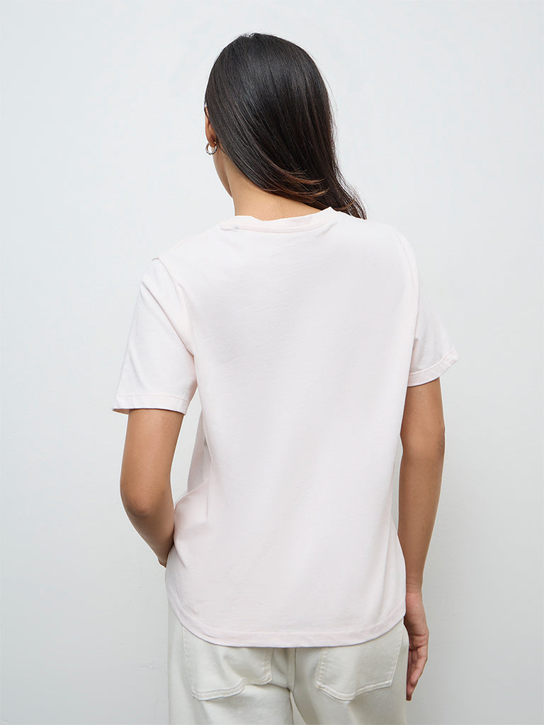 LOV Light Pink Printed Cotton T-Shirt