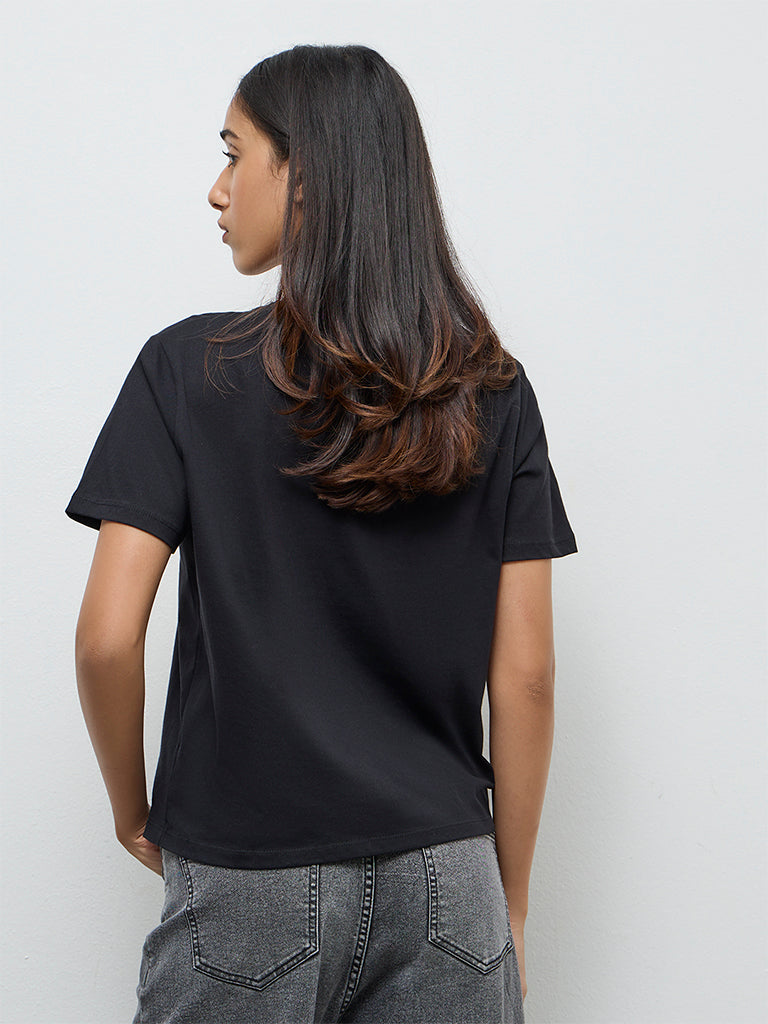 LOV Black Printed Cotton T-Shirt