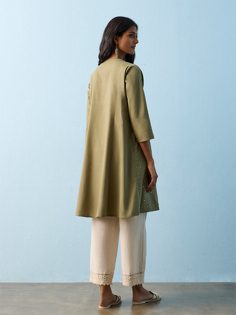 Utsa Green Mirror Embroidered Cotton A-line Kurta
