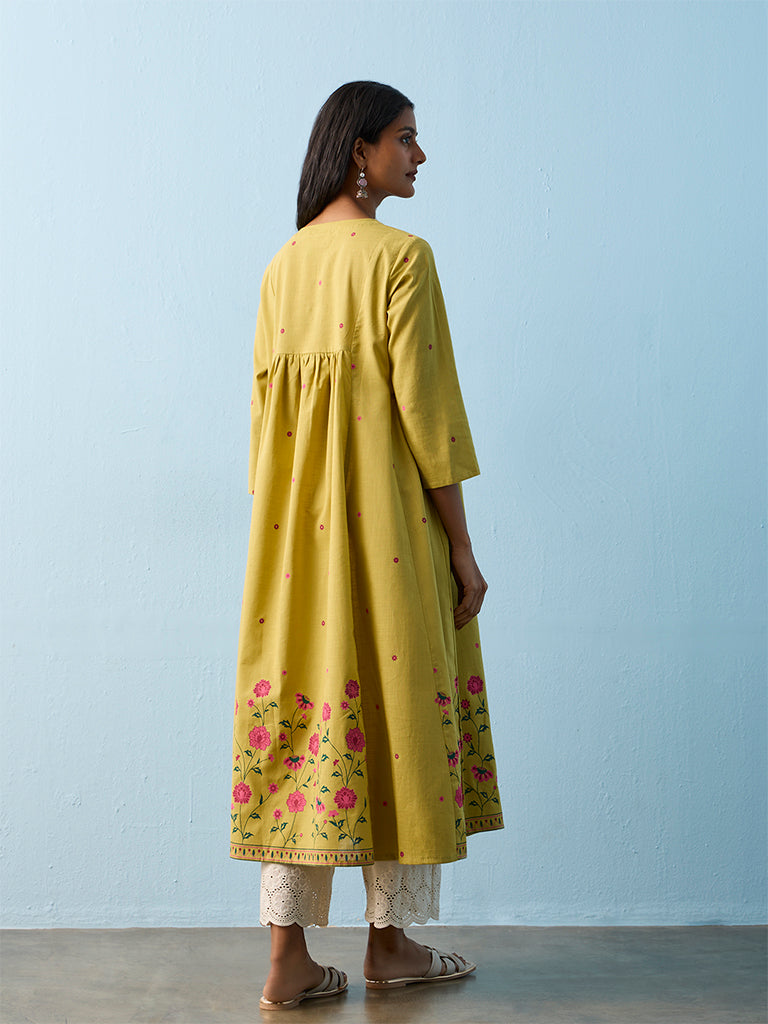 Utsa Lime Floral Embroidered Cotton-Blend Anarkali Kurta