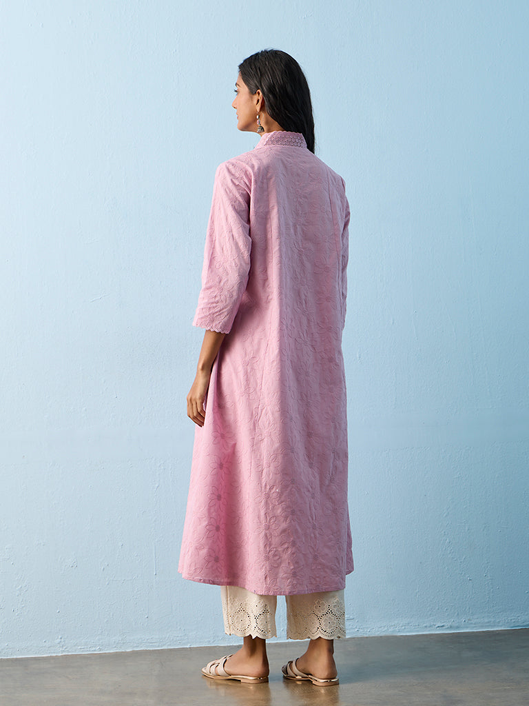 Utsa Lilac Floral Embroidered Cotton A-Line Kurta