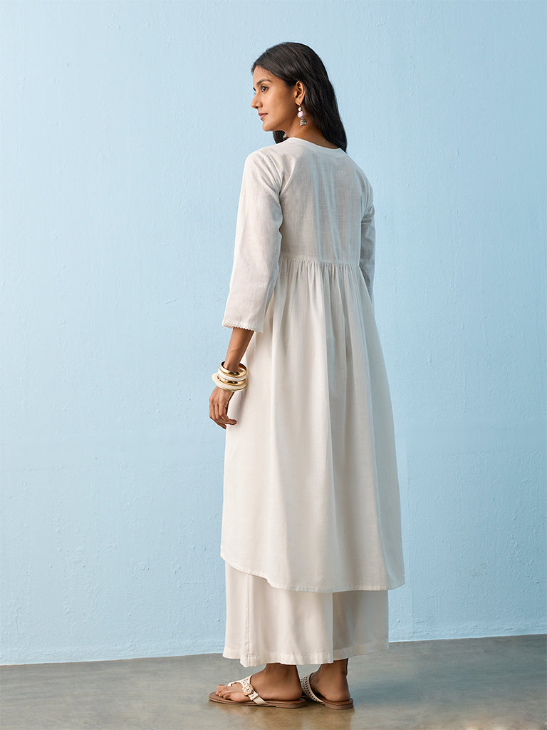 Utsa White Floral Embroidered Cotton A-Line Kurta