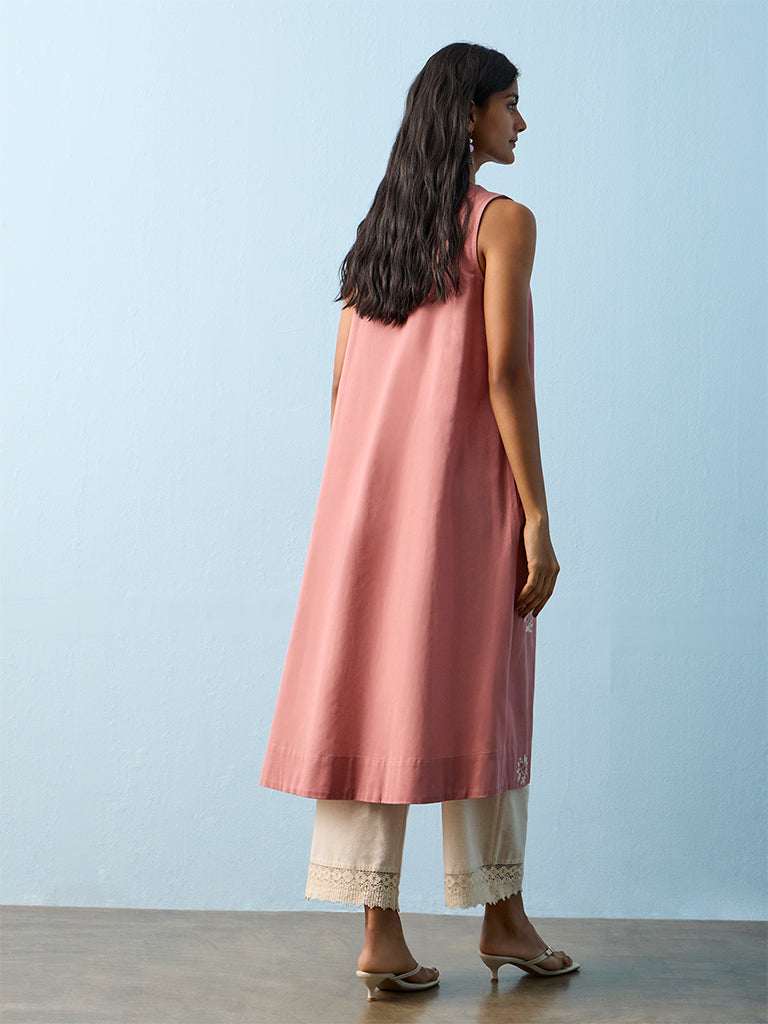 Utsa Dusty Pink Floral Embroidered Cotton-Blend A-line Kurta
