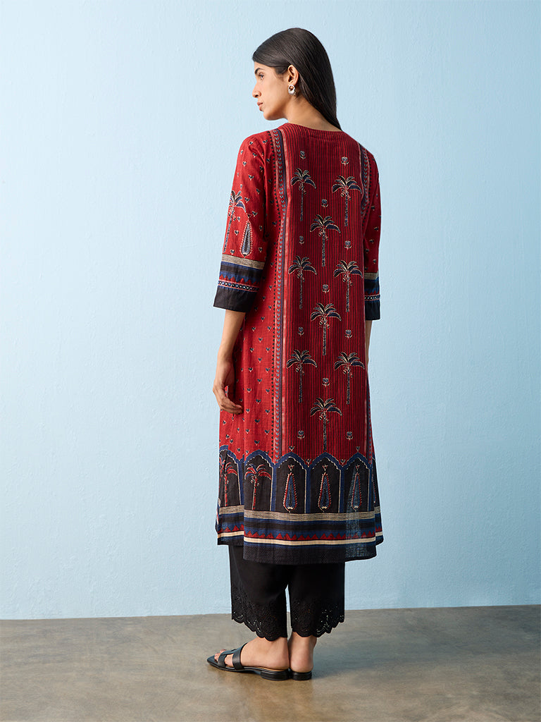Utsa Red Botanical Printed Cotton A-Line Kurta