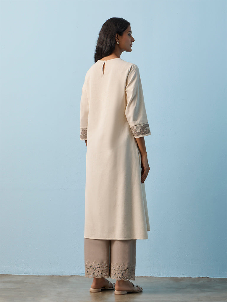 Utsa Beige Embroidered Cotton-Blend A-Line Kurta