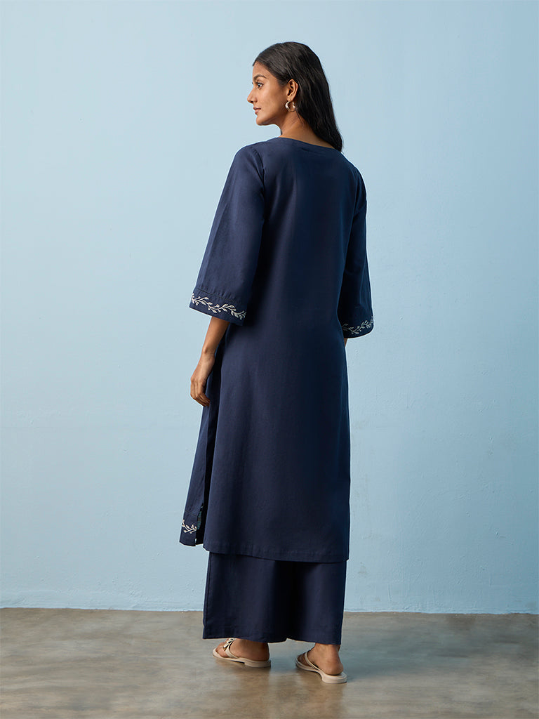 Utsa Indigo Floral Printed Cotton-Blend A-Line Kurta