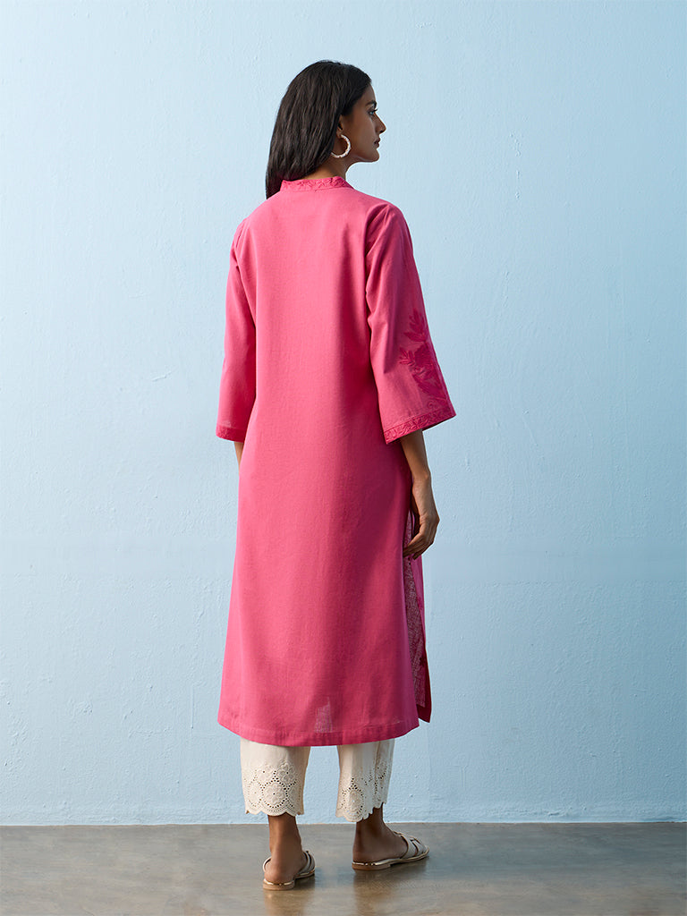 Utsa Fuchsia Floral Embroidered Cotton-Blend A-Line Kurta