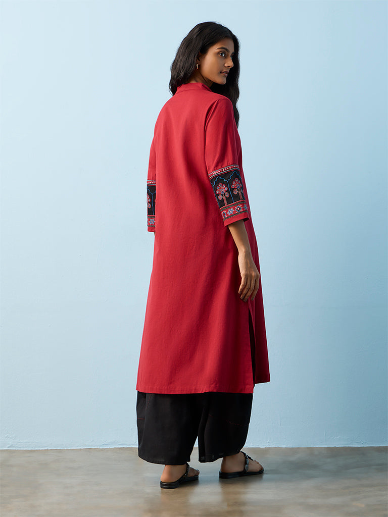 Utsa Red Embroidered Cotton-Blend A-Line Kurta