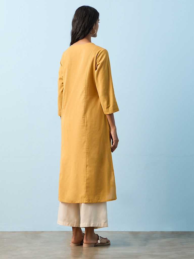 Utsa Mustard Floral Embroidered Cotton-Blend A-Line Kurta