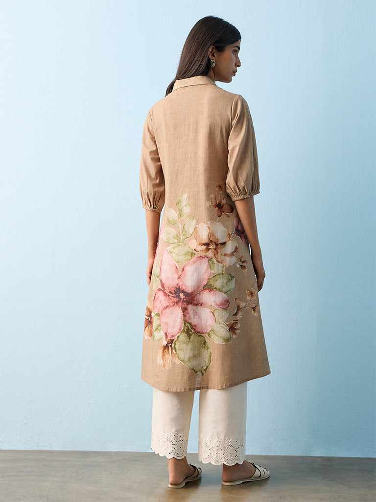 Utsa Taupe Floral Printed Cotton A-line Kurta