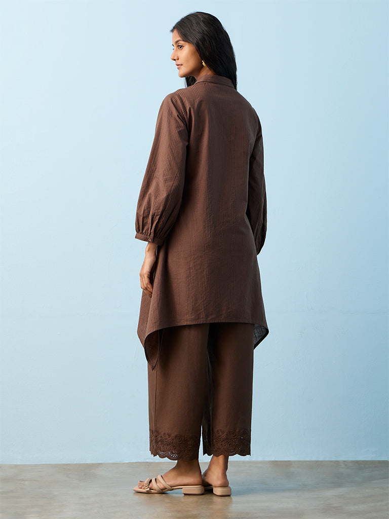 Utsa Dark Brown Floral Embroidered Cotton A-Line Kurta
