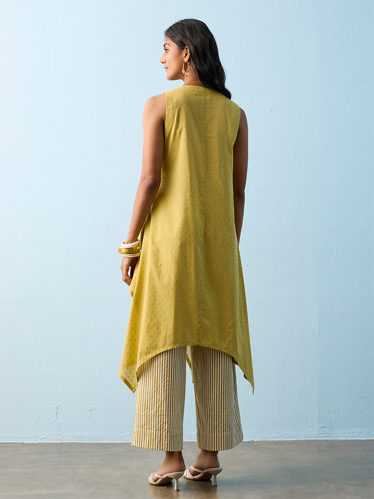 Utsa Lime Floral Embroidered Cotton A-line Kurta