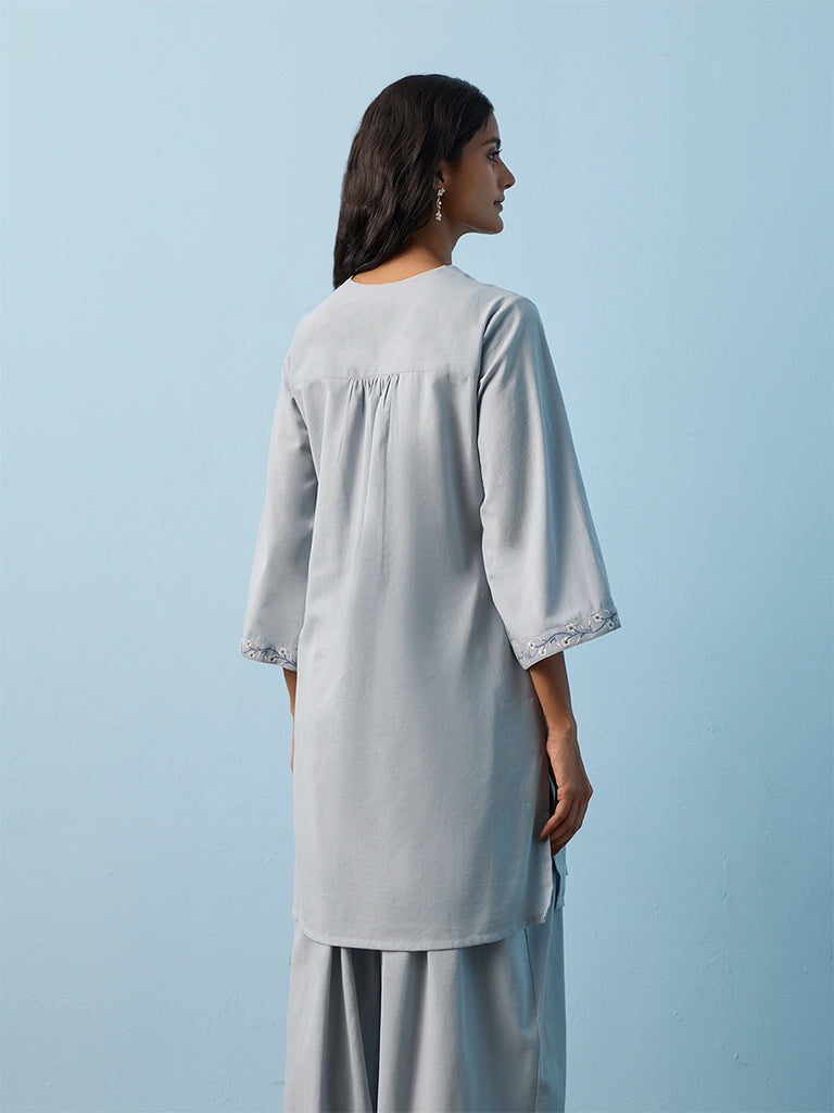 Utsa Light Blue Floral Detail Cotton-Blend Kurti