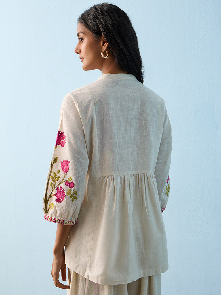 Utsa Light Beige Floral Pattern Cotton Tunic