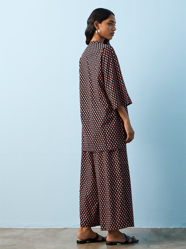 Utsa Black Floral Embroidered Cotton A-Line Kurti