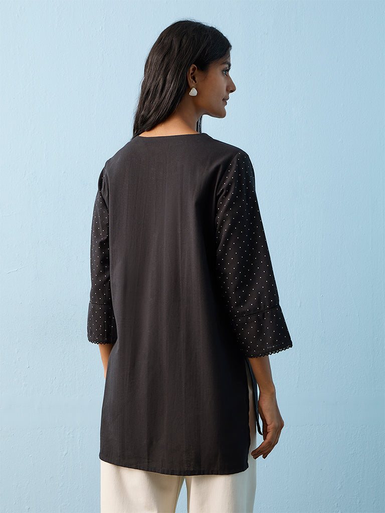Utsa Black Geometric Pattern Cotton-Blend Kurti