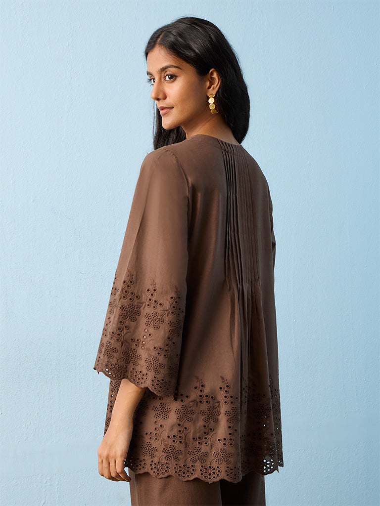 Utsa Brown Schiffli Design Cotton Tunic