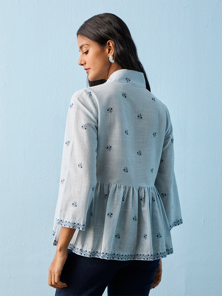 Utsa Light Blue Floral Embroidered Cotton Tunic