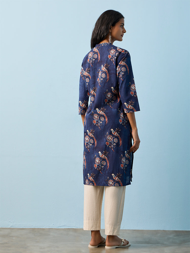 Utsa Navy Printed Cotton Straight Kurta
