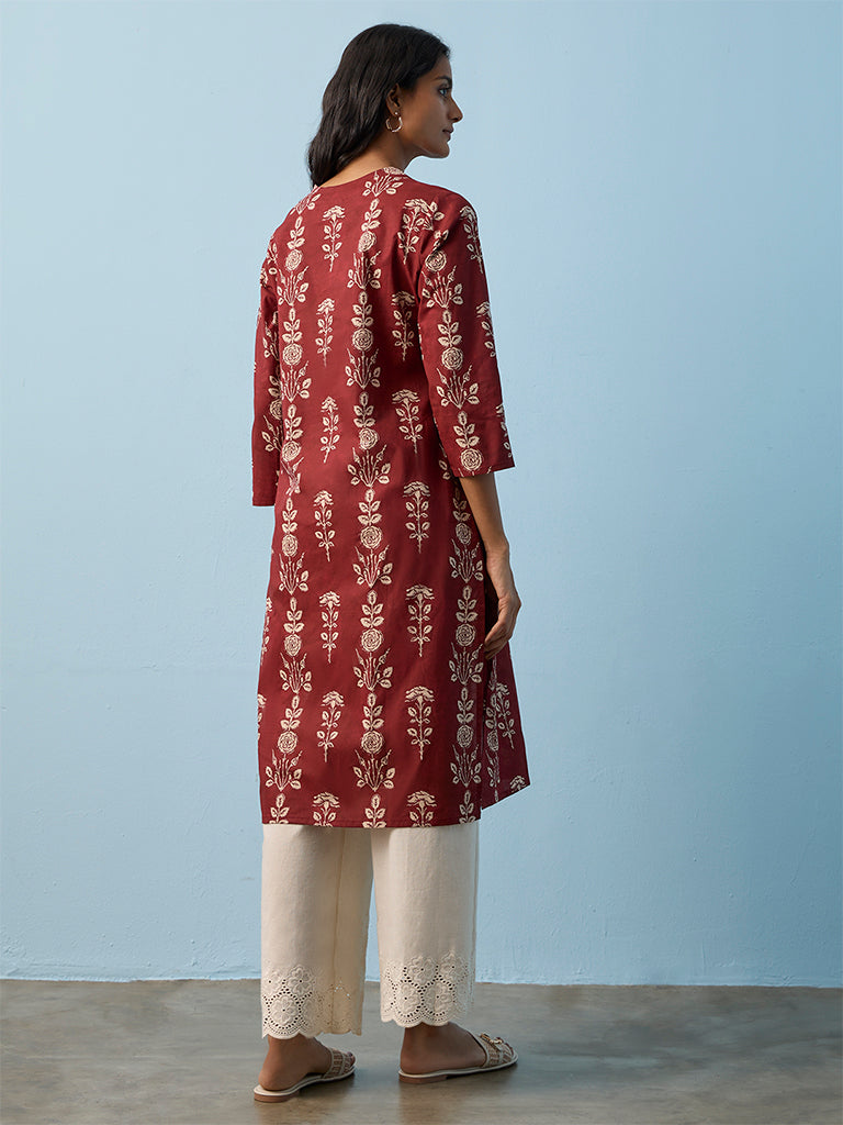 Utsa Red Floral Printed Cotton Straight Kurta