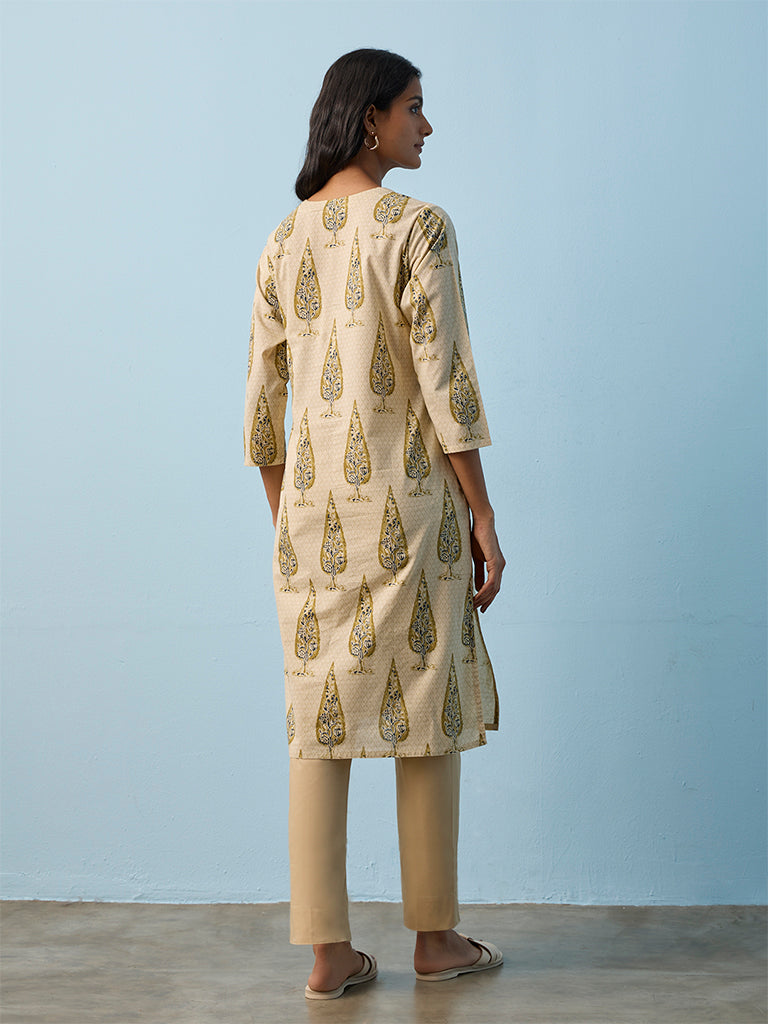Utsa Light Beige Botanical Printed Cotton Straight Kurta
