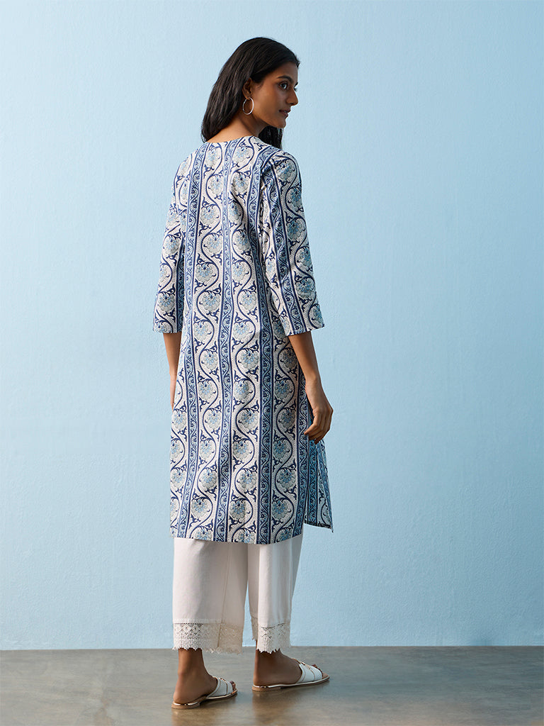 Utsa Indigo Botanical Design Cotton Straight Kurta