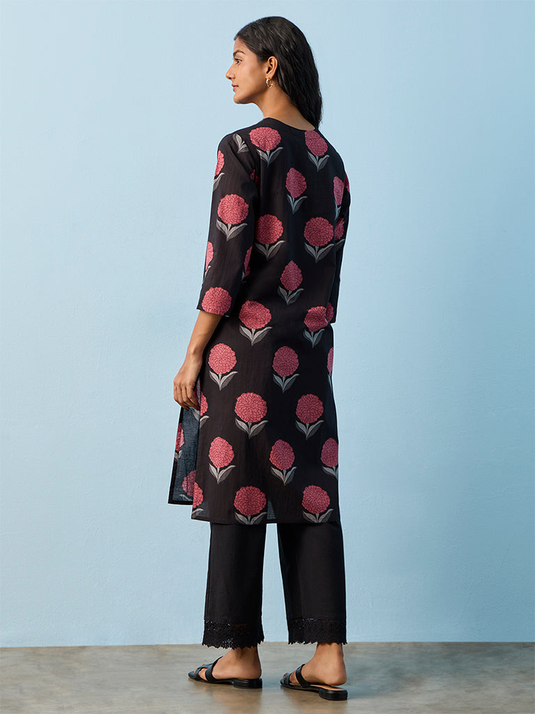 Utsa Black Floral Printed Cotton Straight Kurta