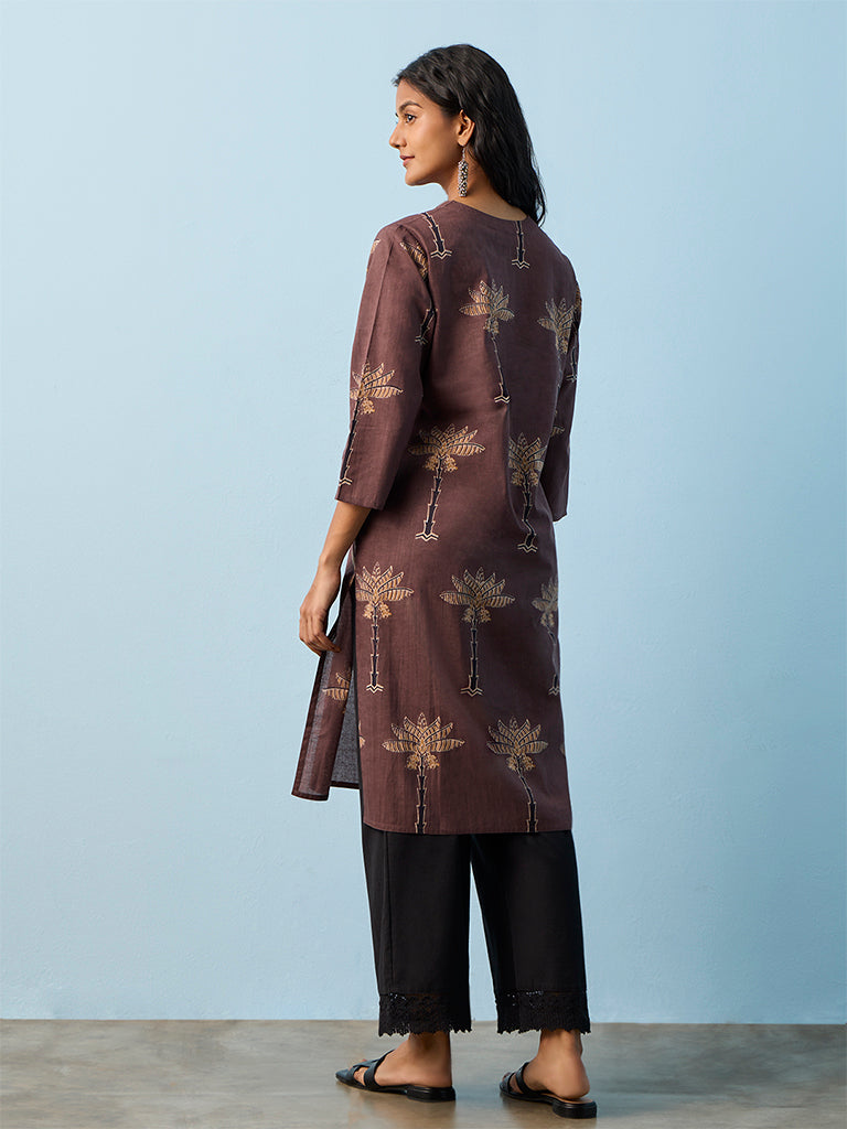 Utsa Brown Botanical Printed Cotton Straight Kurta