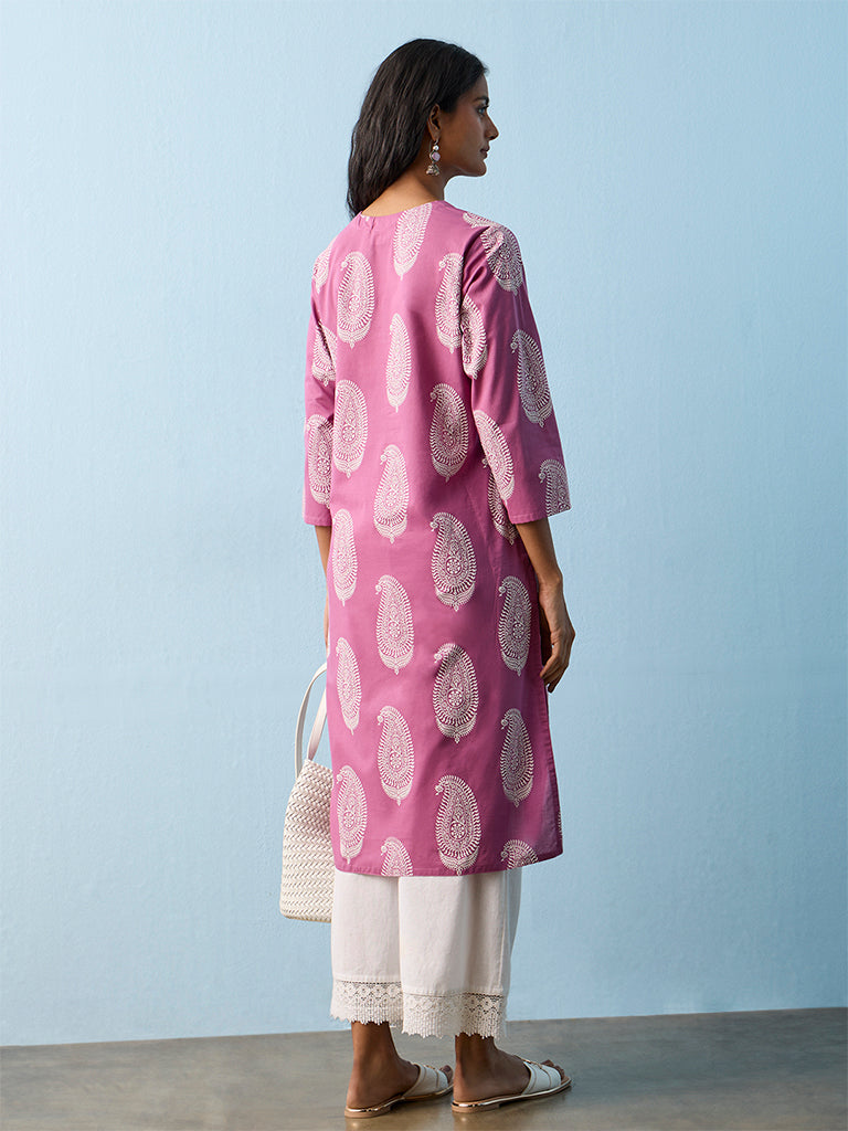 Utsa Pink Paisley Pattern Cotton Straight Kurta