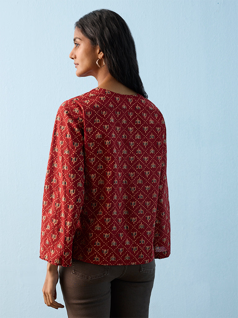 Utsa Red Botanical Printed Cotton Tunic