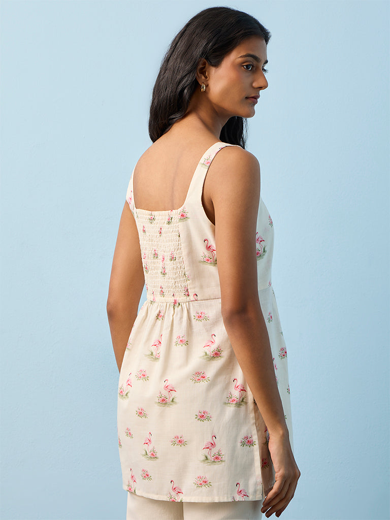 Utsa White Flamingo-Printed Cotton Tunic