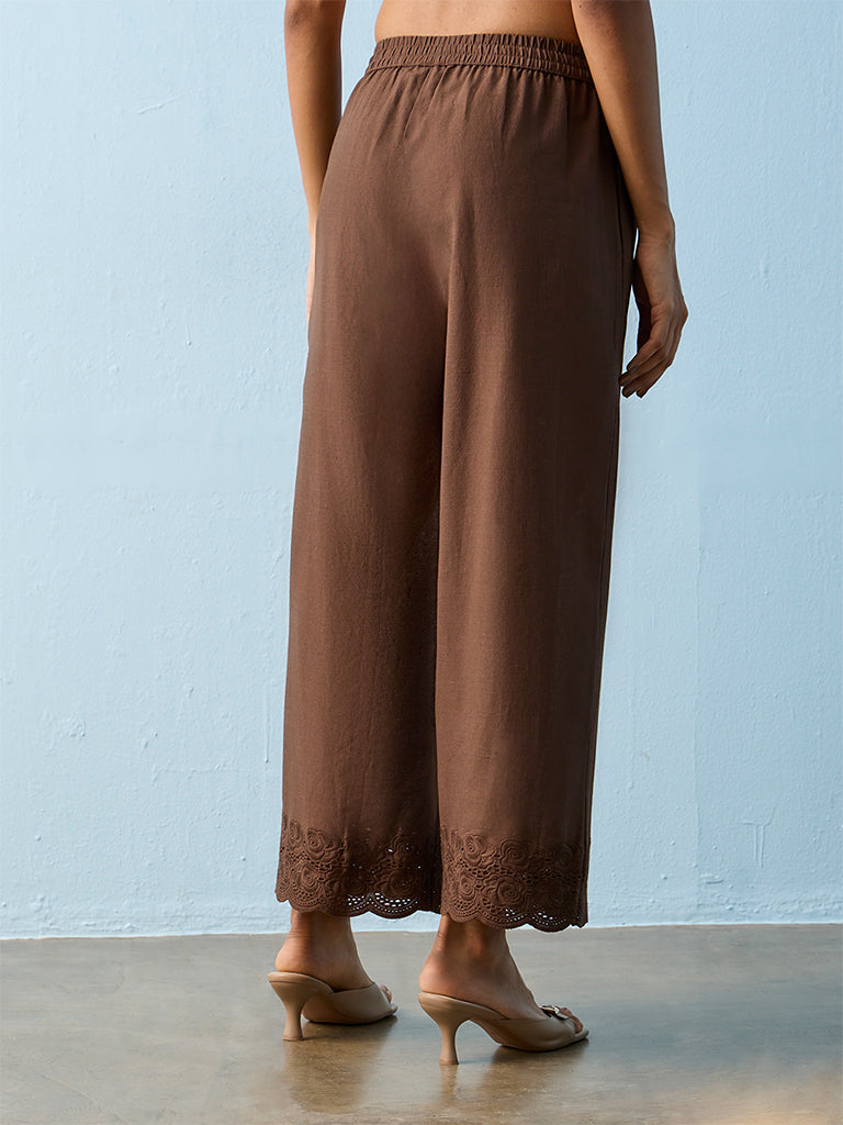 Utsa Brown Floral Embroidered Cotton-Blend Palazzos