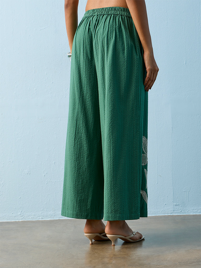 Utsa Green Floral Embroidered Cotton Pants