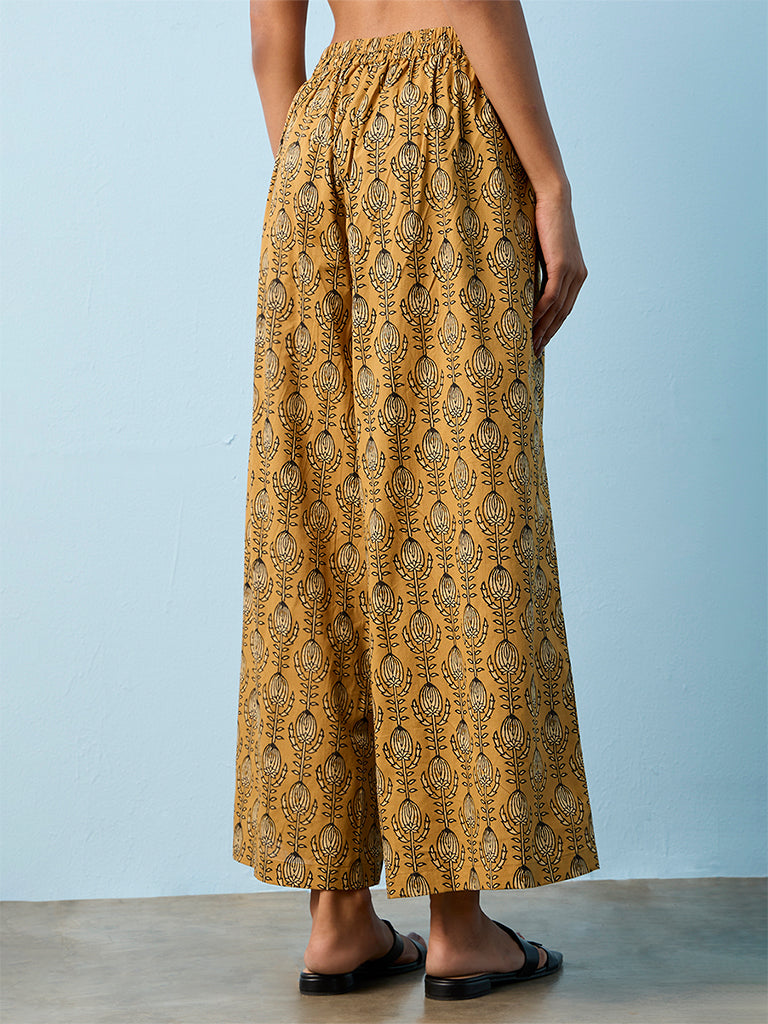 Utsa Mustard Printed Cotton Pants