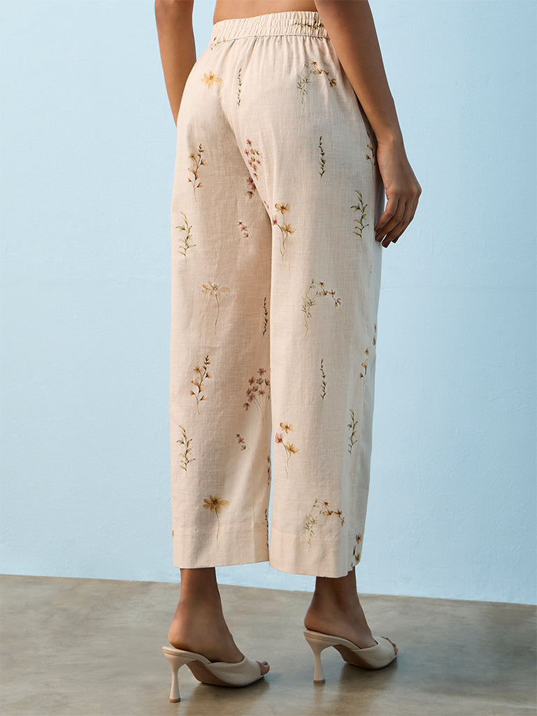 Utsa Light Beige Floral Printed Cotton Pants