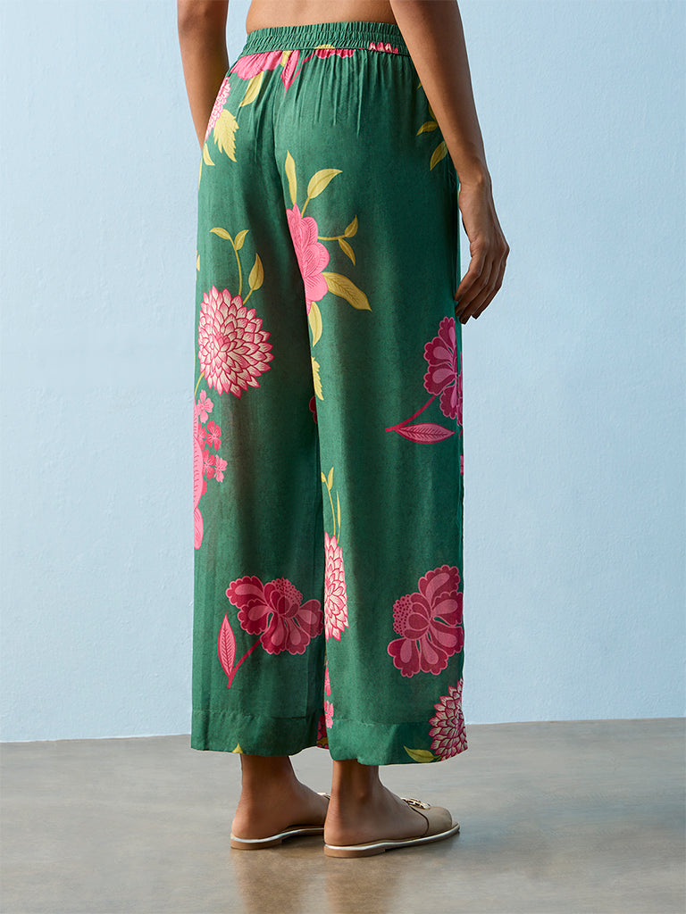 Utsa Green Floral Printed Pants
