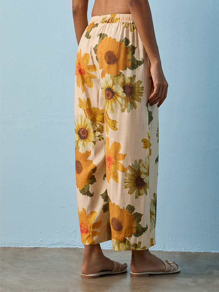 Utsa Beige Floral Printed Palazzos