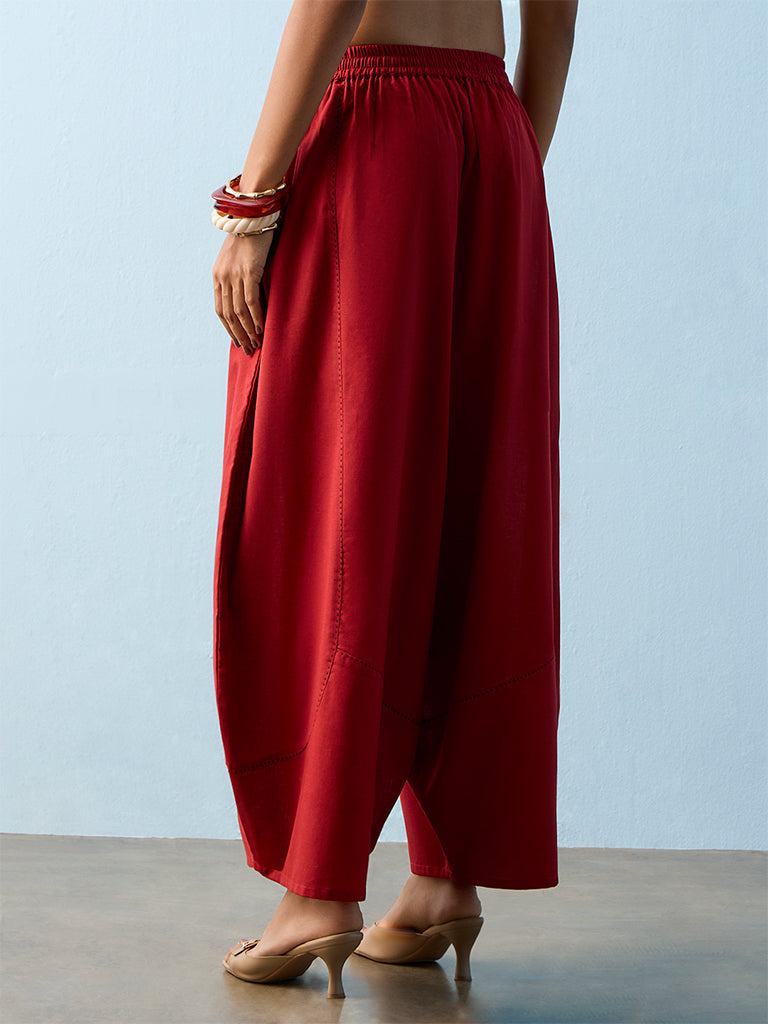 Utsa Red Solid Cotton-Blend Pants