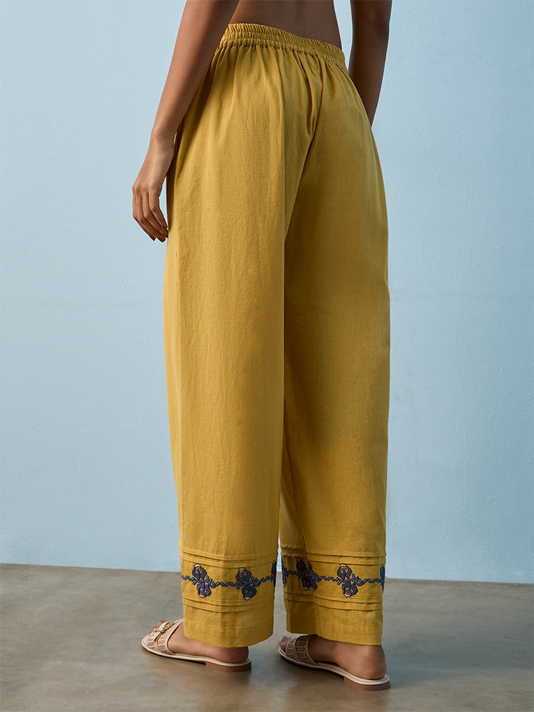 Utsa Yellow Floral Embroidered Cotton-Blend Palazzos