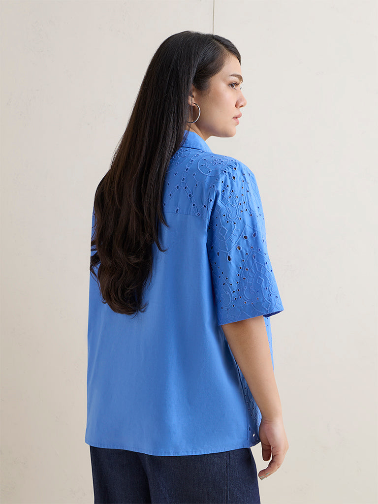 Gia Blue Schiffli Embroidered Cotton Blouse