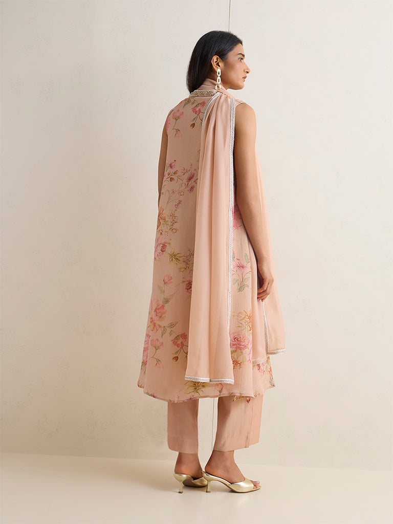 Vark Peach Floral Pattern A-Line Ethnic Set