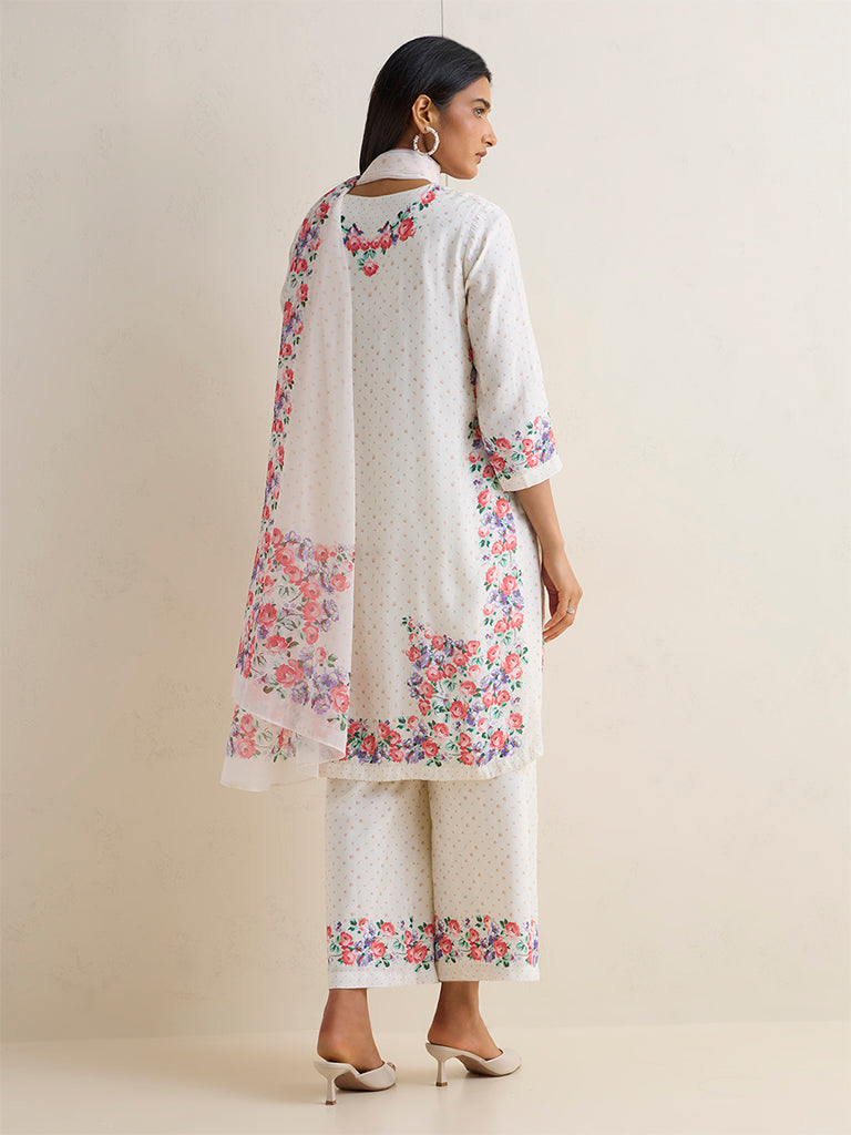 Vark White Floral Printed A-Line Ethnic Set