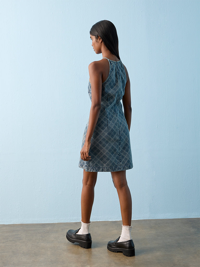Nuon Blue Checkered Denim Shift Dress