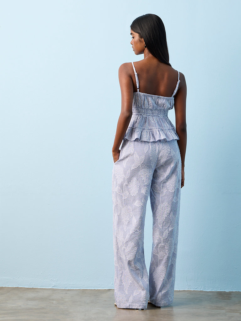 Nuon Blue Floral Design High-Rise Cotton Trousers